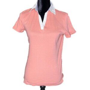 Womens Coral Polo Shirt White Collar Short Sleeves V Neck Size S Ribbed